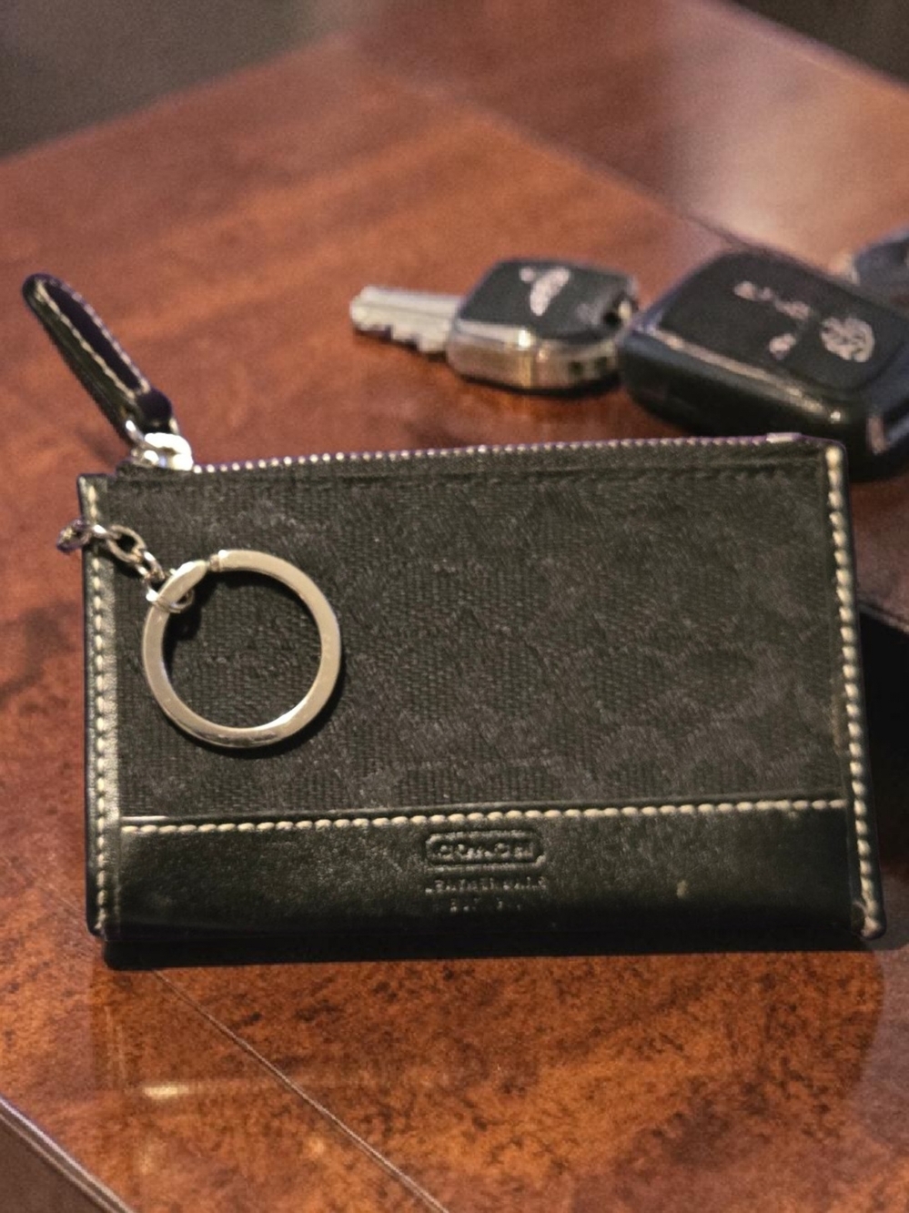 Coach Black Leather Zip Card Holder with Key Ring